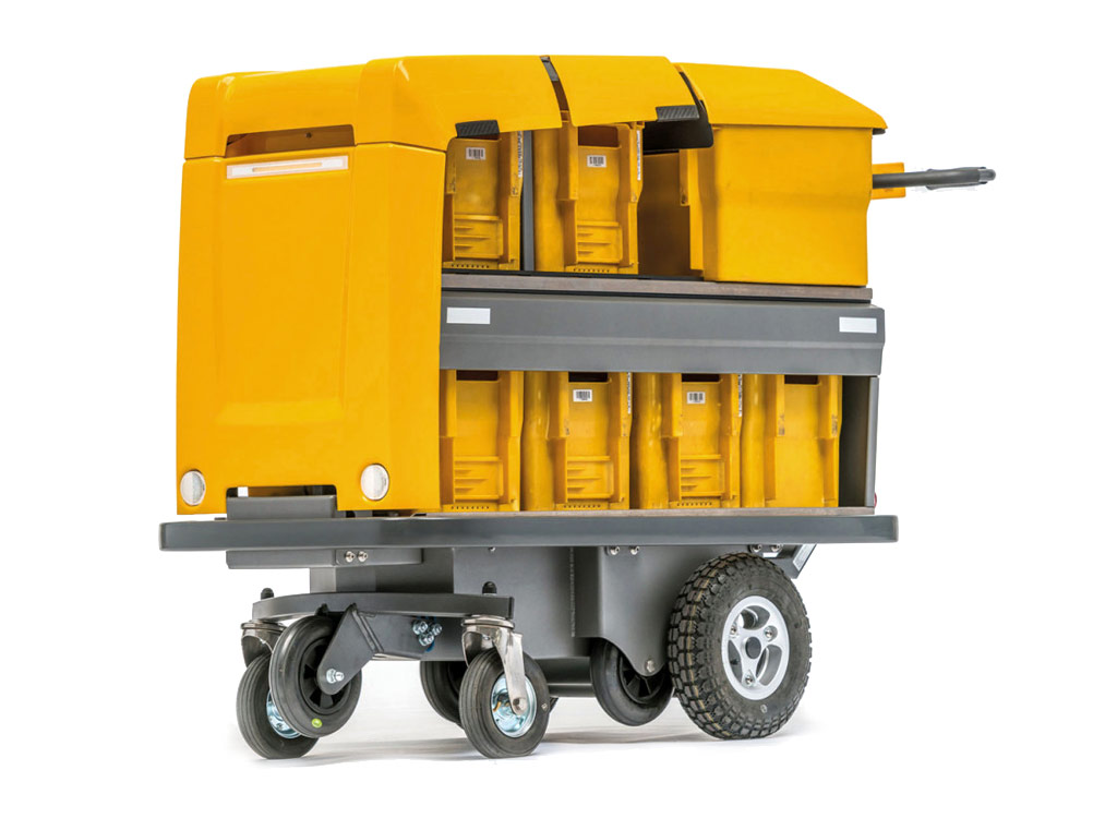 kyburz eTrolley - elektrischer Handwagen und kräftiger Elektro Zustellwagen mit einem emissionsfreien Elektroantrieb für Postunternehmen, Lieferdienst, Paketdienst, Zustellservice. Optimal für einen effizienten Betrieb in der Stadt.